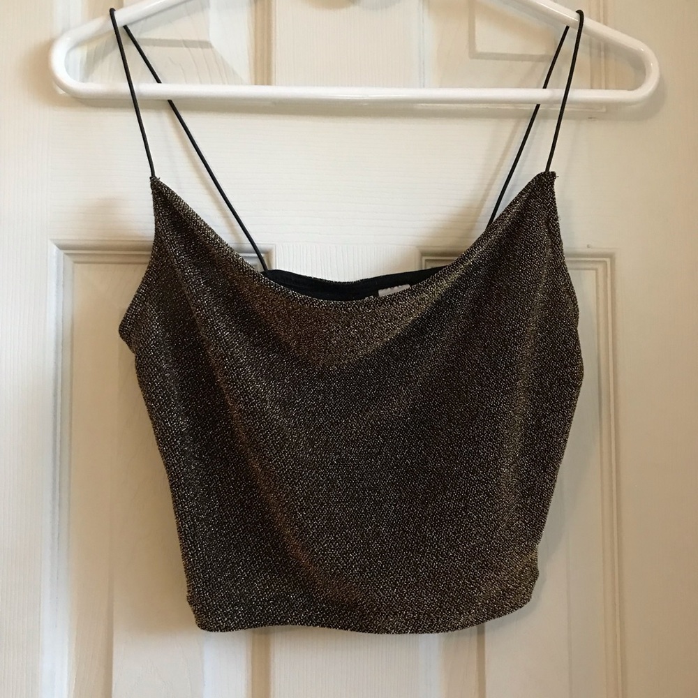 Metallic, tinsel cowl neck crop tank